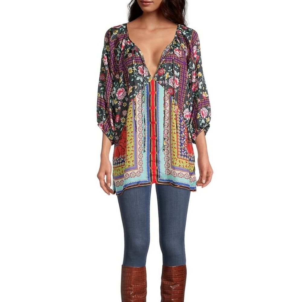 Johnny Was 100% Silk Lookout Electra Tunic/Blouse RN# 149414 Size Medium